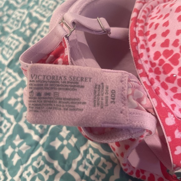 Victoria's Secret 34 DD Lined Demi Bra Pink and Ref‎ hearts nylon spandex - Picture 5 of 5